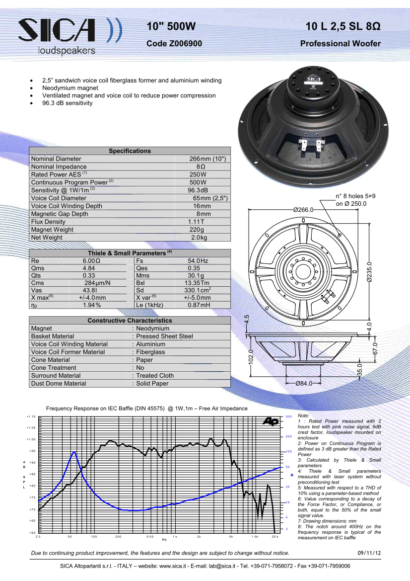 SICA 10" 10 L2.5 SL 8OHM Z006900